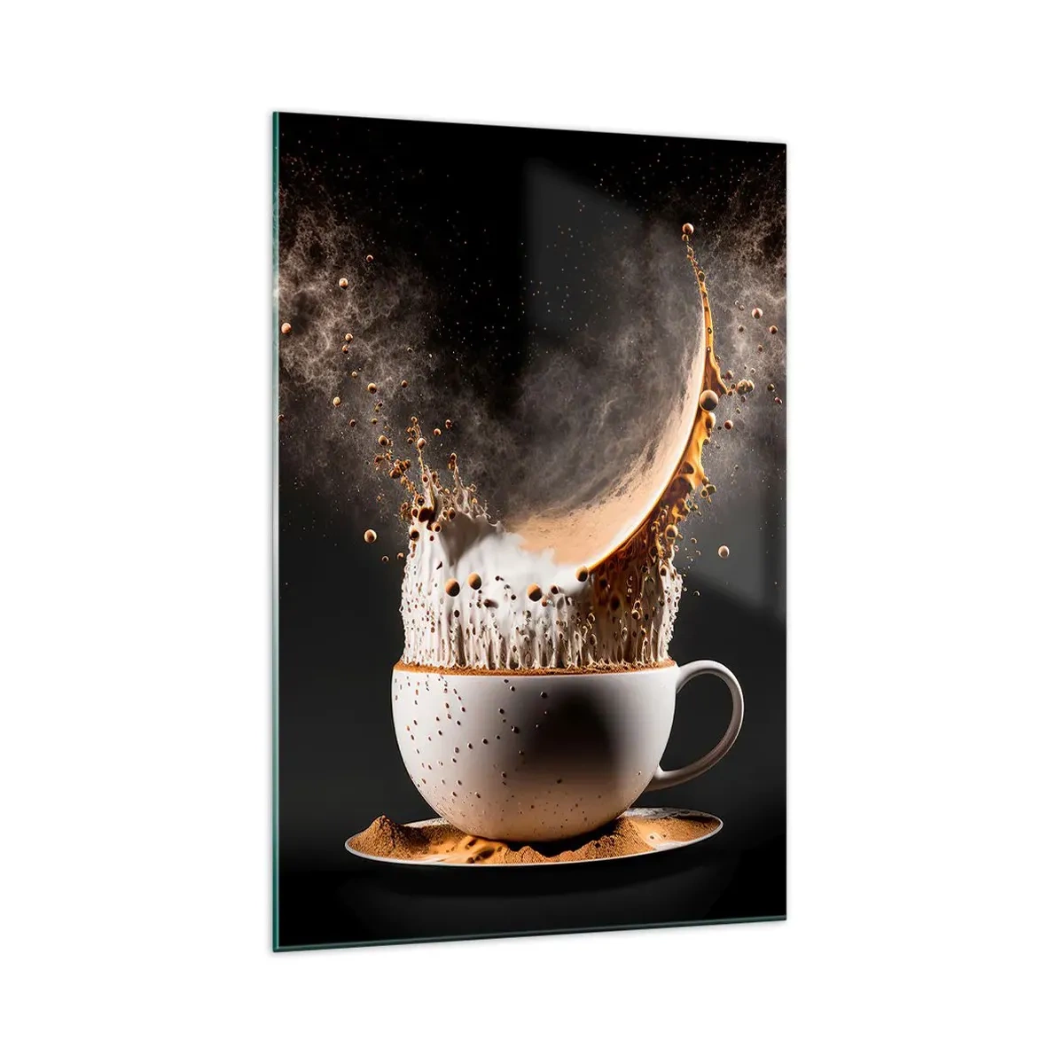 Impression sur verre - Image sur verre - Une tasse de café avec une explosion dynamique de liquide sur fond noir. - 70x100cm - Une explosion de saveur - Décoration murale moderne pour le salon et la chambre ARTTOR