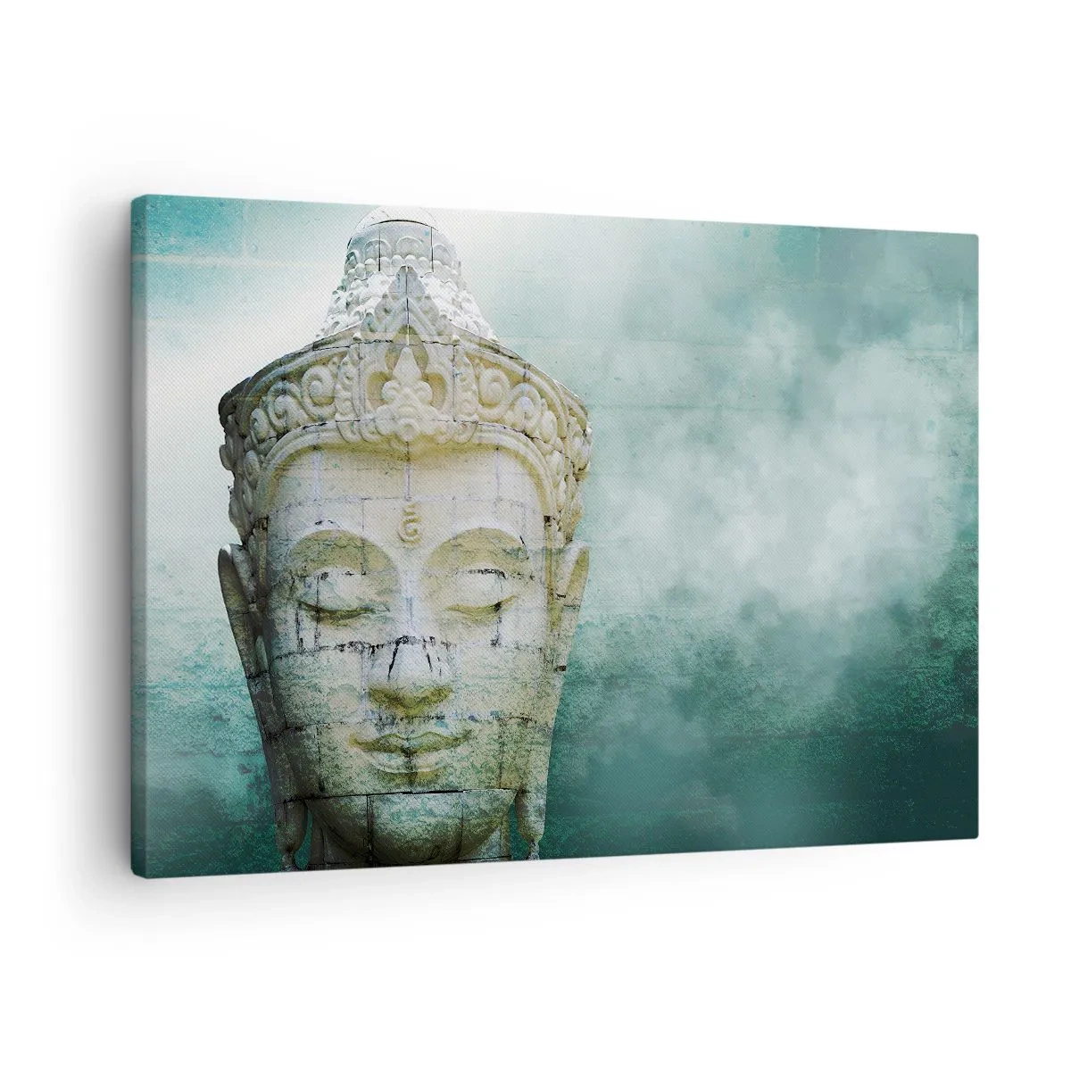 Impression sur toile - Image sur toile - Statue de Bouddha avec une douce brume sur un fond vert - 70x50cm - A la recherche de la lumière - Décoration murale moderne pour le salon et la chambre ARTTOR