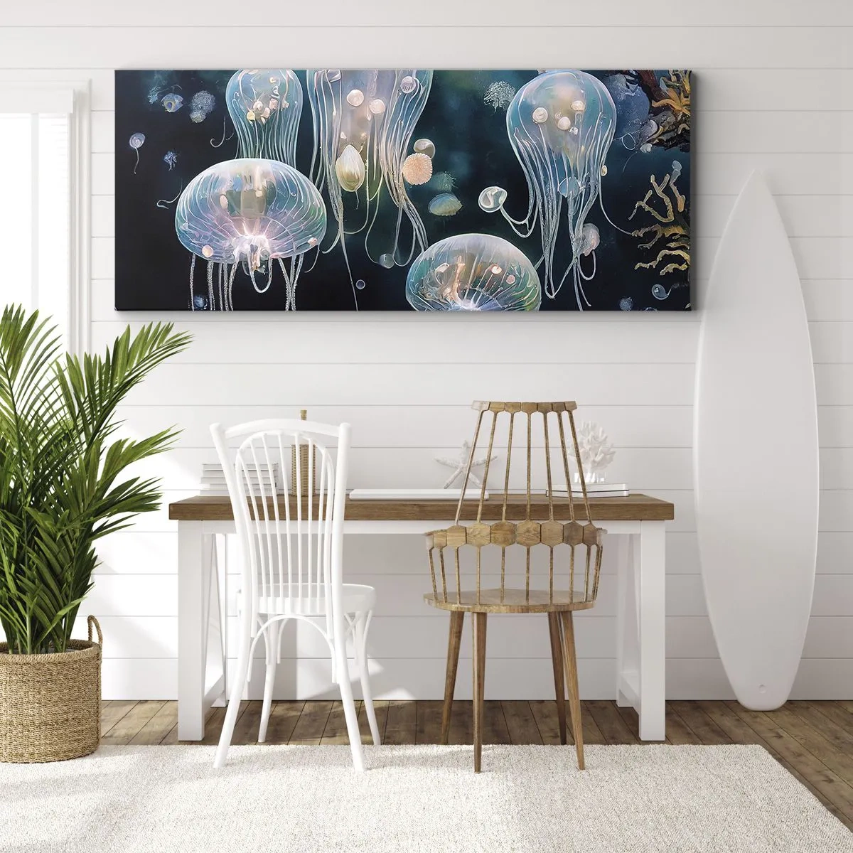 Impression sur toile - Image sur toile - Méduses délicates dans le monde sous-marin - 140x50cm - Ballon sous-marin - Décoration murale moderne pour le salon et la chambre ARTTOR