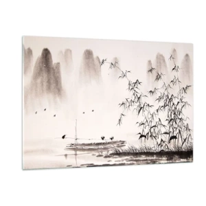 Impression sur verre - Image sur verre - Une scène minimaliste avec du bambou et un bateau sur un lac. - 120x80cm - Le silence des rizières - Décoration murale moderne pour le salon et la chambre ARTTOR