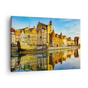 Impression sur toile - Image sur toile - Une vue pittoresque de la vieille ville avec un voilier et de l'eau - 70x50cm - Reflet dans le miroir du passé - Décoration murale moderne pour le salon et la chambre ARTTOR