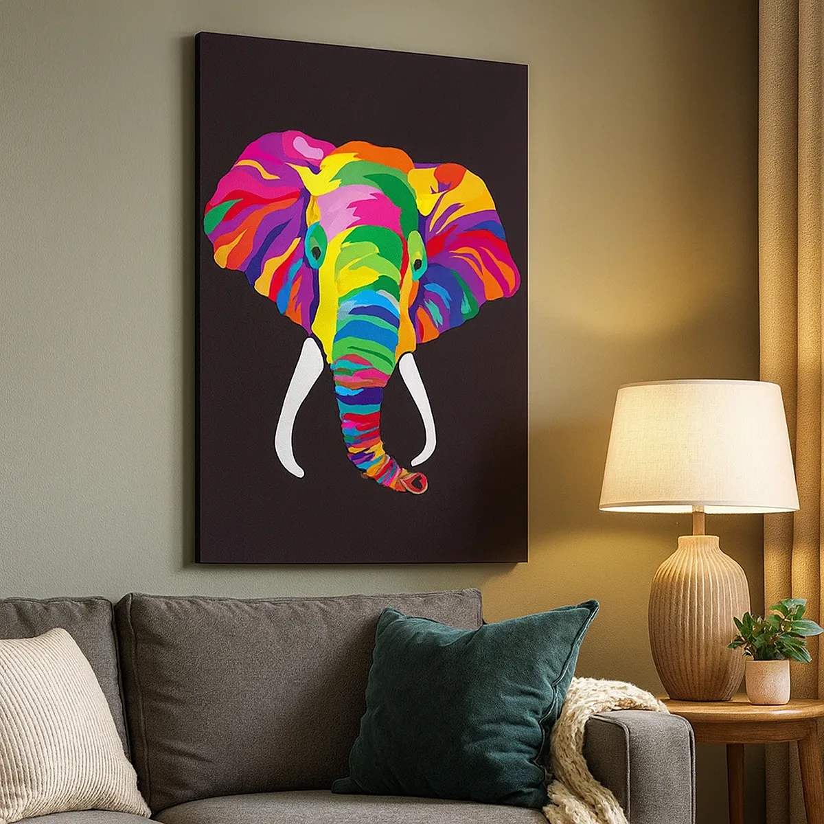 Impression sur toile - Image sur toile - Une image colorée d'un éléphant sur fond noir - 50x70cm - L'éléphant qui aimait se baigner dans un arc-en-ciel - Décoration murale moderne pour le salon et la chambre ARTTOR