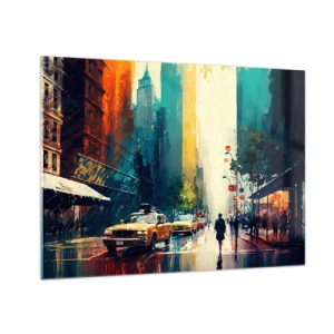 Impression sur verre - Image sur verre - Taxis colorés et gratte-ciels dans une rue humide de la ville - 70x50cm - New York – ici même la pluie est colorée - Décoration murale moderne pour le salon et la chambre ARTTOR