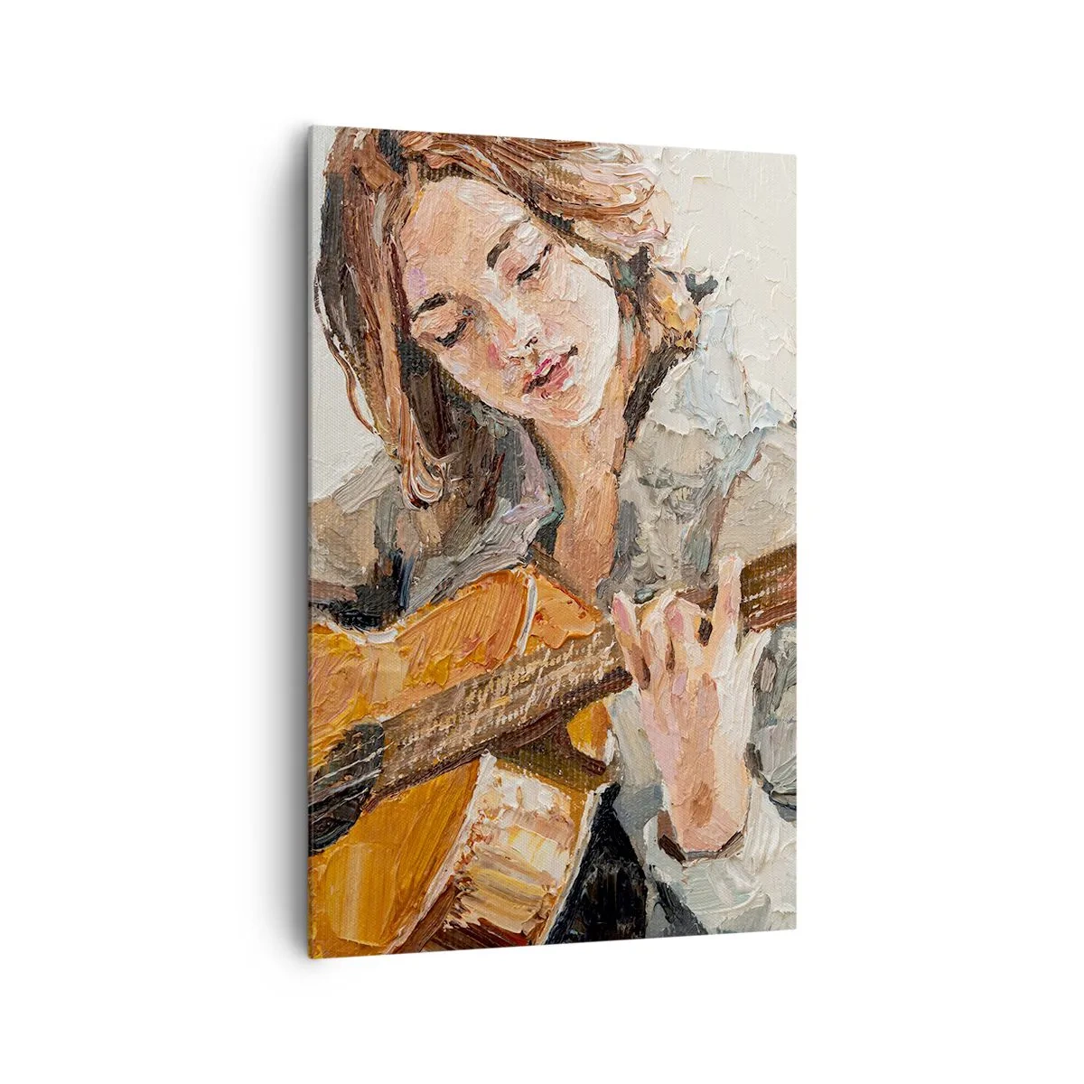 Impression sur toile - Image sur toile - Portrait d'une fille jouant de la guitare dans un style pictural aux couleurs chaudes. - 80x120cm - Concerto pour guitare et coeur de fille - Décoration murale moderne pour le salon et la chambre ARTTOR