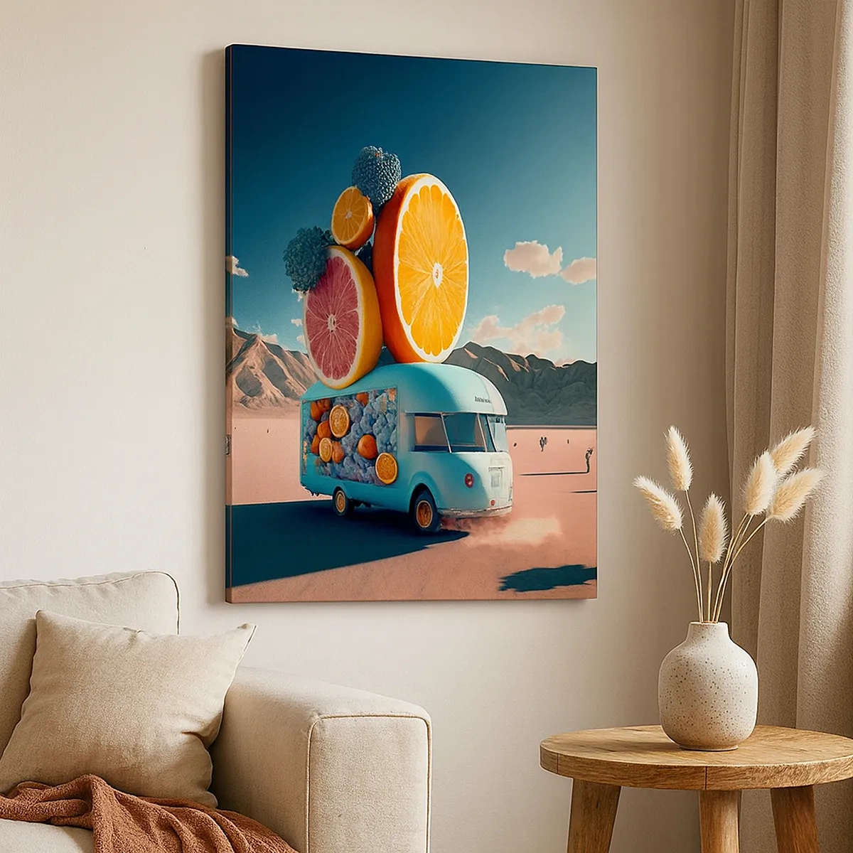 Impression sur toile - Image sur toile - Camion de fruits dans un paysage désertique - 50x70cm - Le goût des vacances - Décoration murale moderne pour le salon et la chambre ARTTOR
