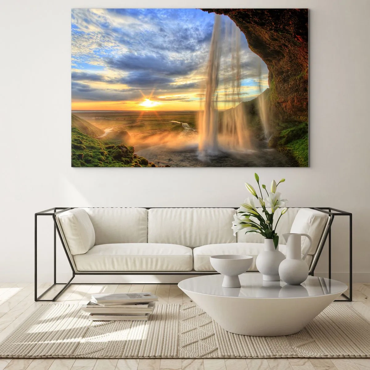 Impression sur verre - Image sur verre - Cascade avec vue sur le coucher de soleil et la vallée - 100x70cm - Le monde derrière un voile de gouttes - Décoration murale moderne pour le salon et la chambre ARTTOR