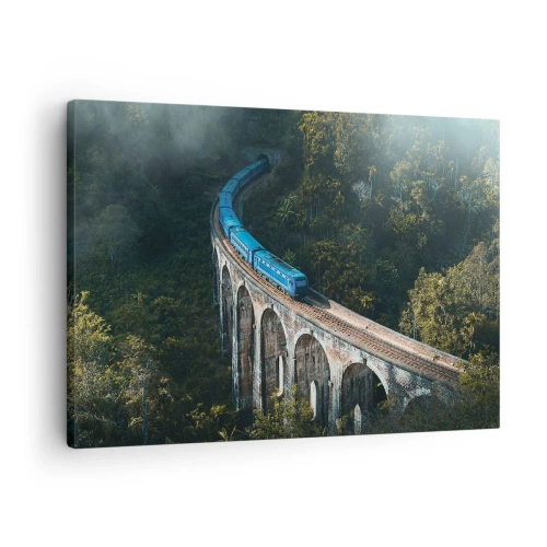 Impression sur toile - Image sur toile - Un train bleu sur un viaduc historique au milieu des forêts - 70x50cm - Train nature - Décoration murale moderne pour le salon et la chambre ARTTOR