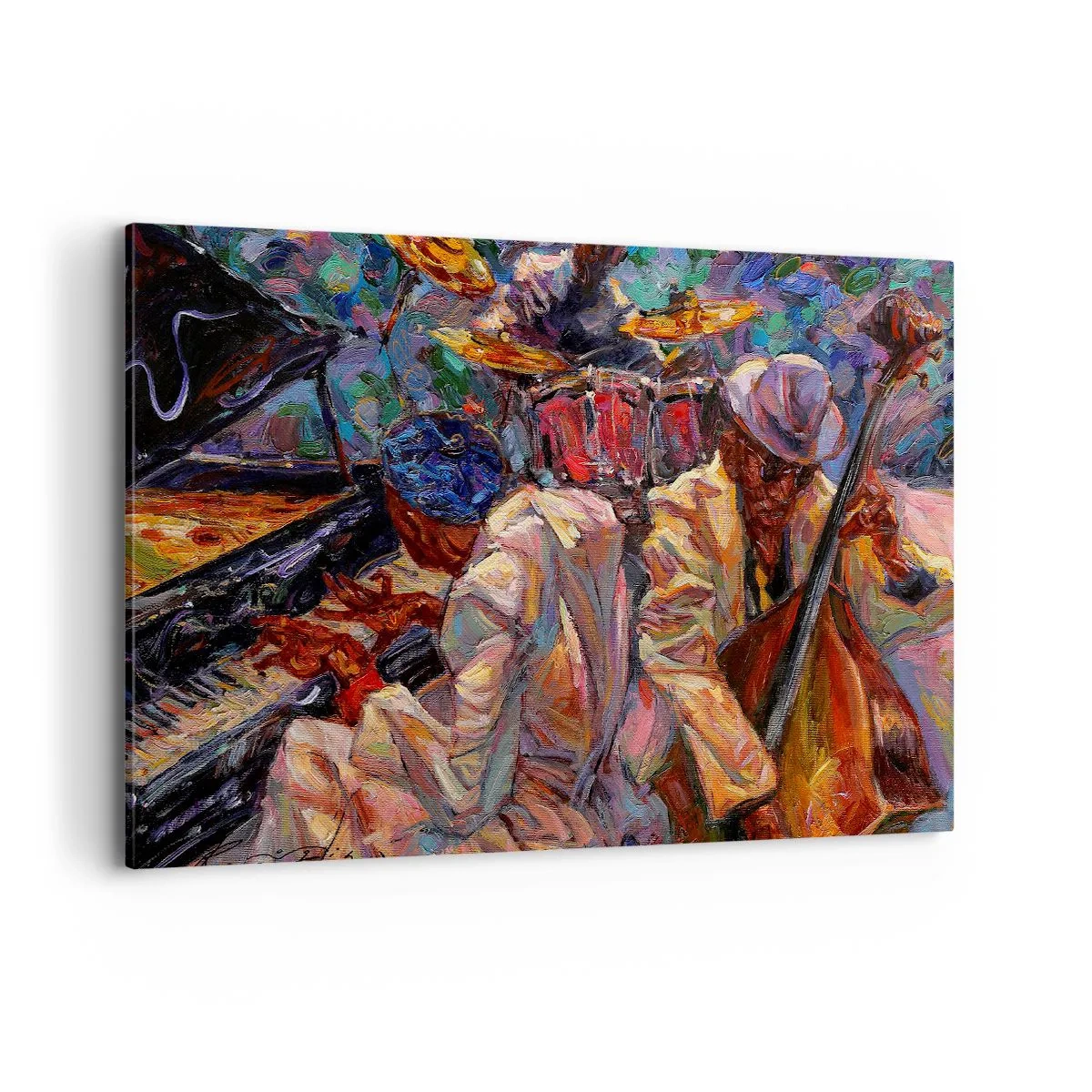 Impression sur toile - Image sur toile - Scène de jazz énergique avec musiciens et instruments - 100x70cm - Dans le même tempo - Décoration murale moderne pour le salon et la chambre ARTTOR