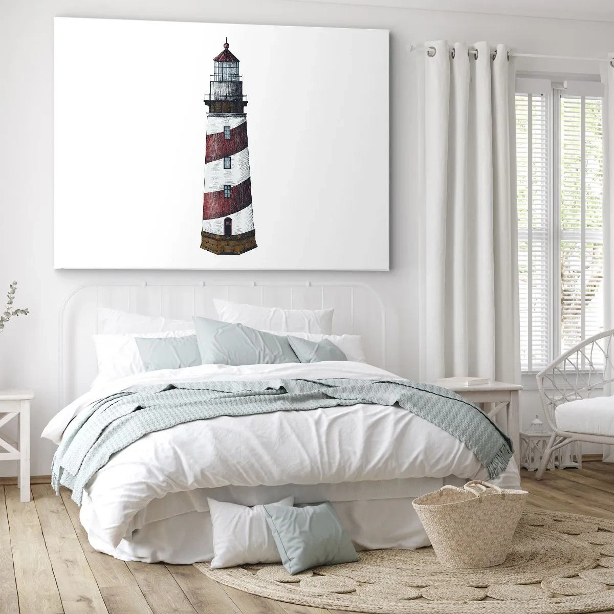 Impression sur toile - Image sur toile - Une image de dessin animé d'un phare avec des rayures rouges et blanches sur un fond minimaliste. - 70x50cm - Toujours sur ses gardes - Décoration murale moderne pour le salon et la chambre ARTTOR