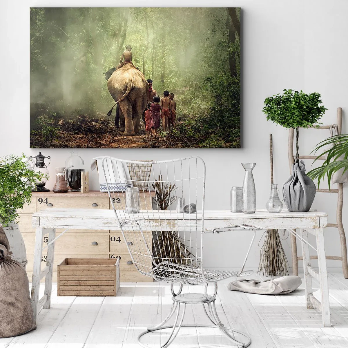 Impression sur toile - Image sur toile - Enfants avec un éléphant dans une forêt verte à la lumière du matin - 120x80cm - Nouveau livre de la jungle - Décoration murale moderne pour le salon et la chambre ARTTOR