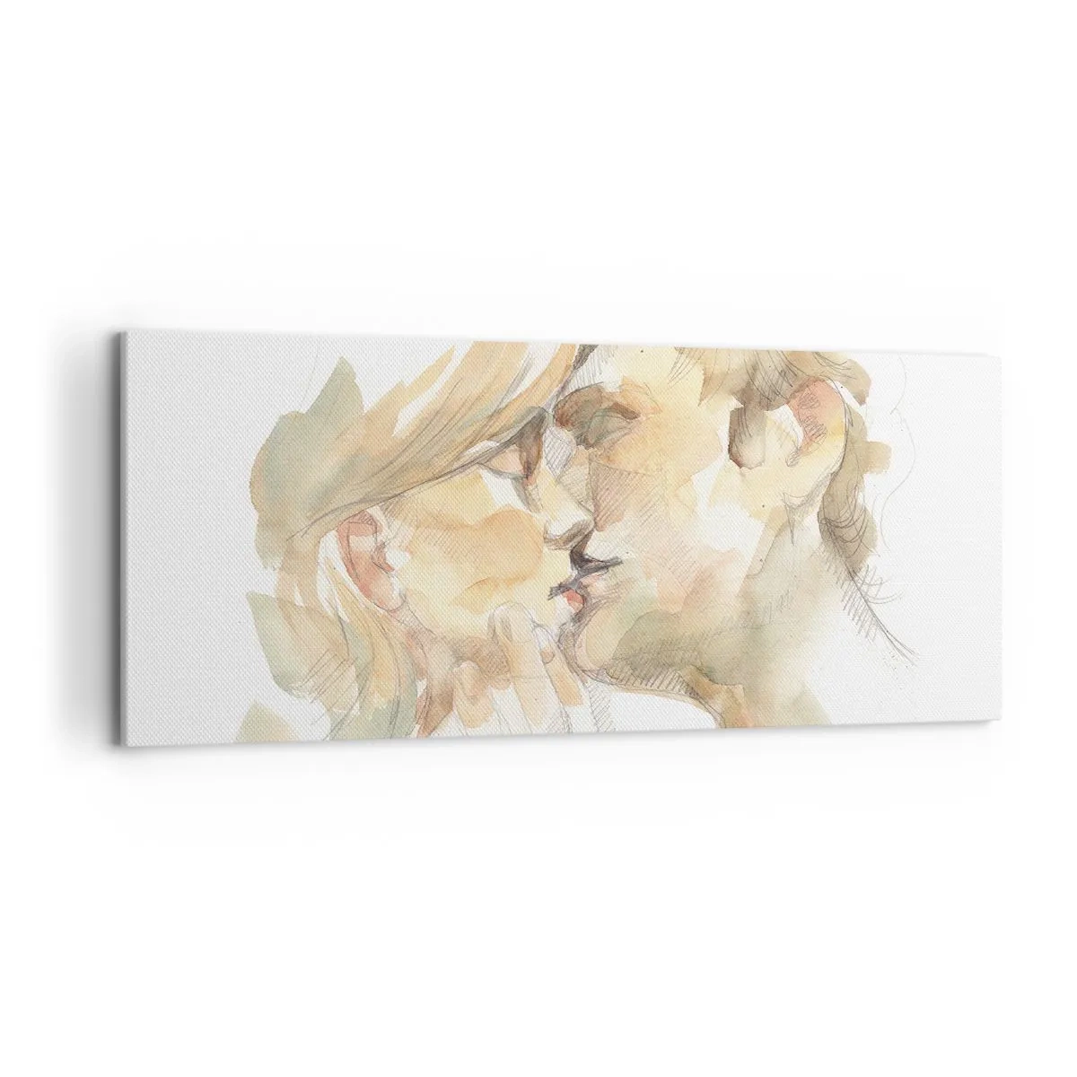 Impression sur toile - Image sur toile - Portrait romantique à l'aquarelle d'un couple s'embrassant - 120x50cm - A moitié trouvé ? - Décoration murale moderne pour le salon et la chambre ARTTOR