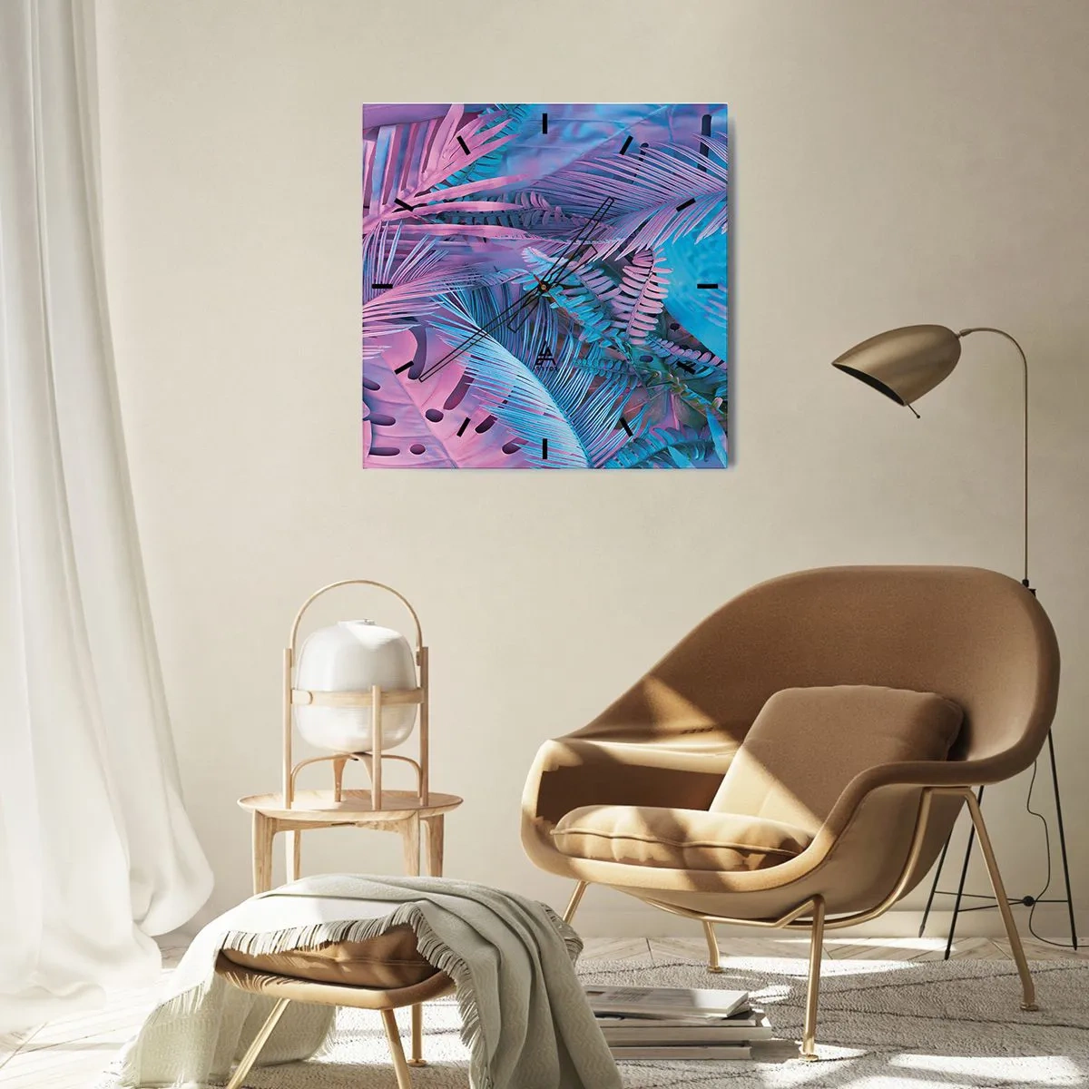 Horloge murale - Pendule murale - Feuilles tropicales dans les tons de rose et de bleu - 30x30cm - Les tropiques en rose et bleu - Décoration murale moderne pour le salon et la chambre ARTTOR