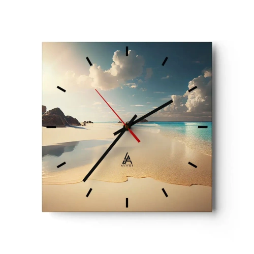 Horloge murale - Pendule murale - Une plage ensoleillée avec une mer bleue et des rochers - 30x30cm - Une journée de rêve - Décoration murale moderne pour le salon et la chambre ARTTOR