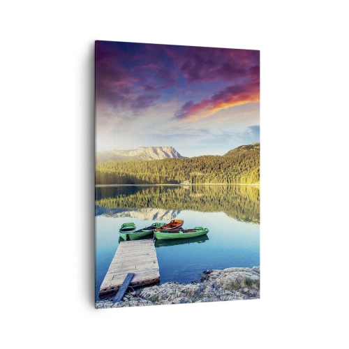 Impression sur toile - Image sur toile - Coucher de soleil sur le lac avec des bateaux à l'embarcadère - 70x100cm - Aussi lisse qu'un miroir au-dessus de l'eau - Décoration murale moderne pour le salon et la chambre ARTTOR