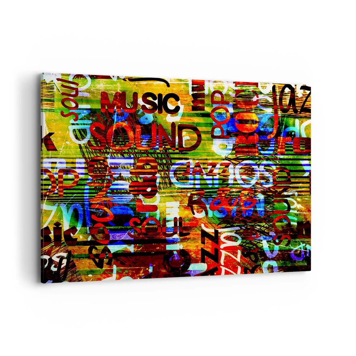 Impression sur toile - Image sur toile - Abstraction colorée avec des inscriptions musicales dans un style pop art - 100x70cm - Toutes les nuances du son - Décoration murale moderne pour le salon et la chambre ARTTOR