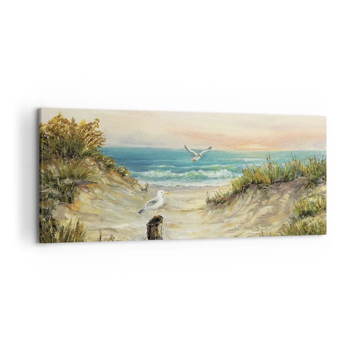 Impression sur toile - Image sur toile - Côte avec mouettes et dunes au coucher du soleil - 120x50cm - Retraite au calme - Décoration murale moderne pour le salon et la chambre ARTTOR