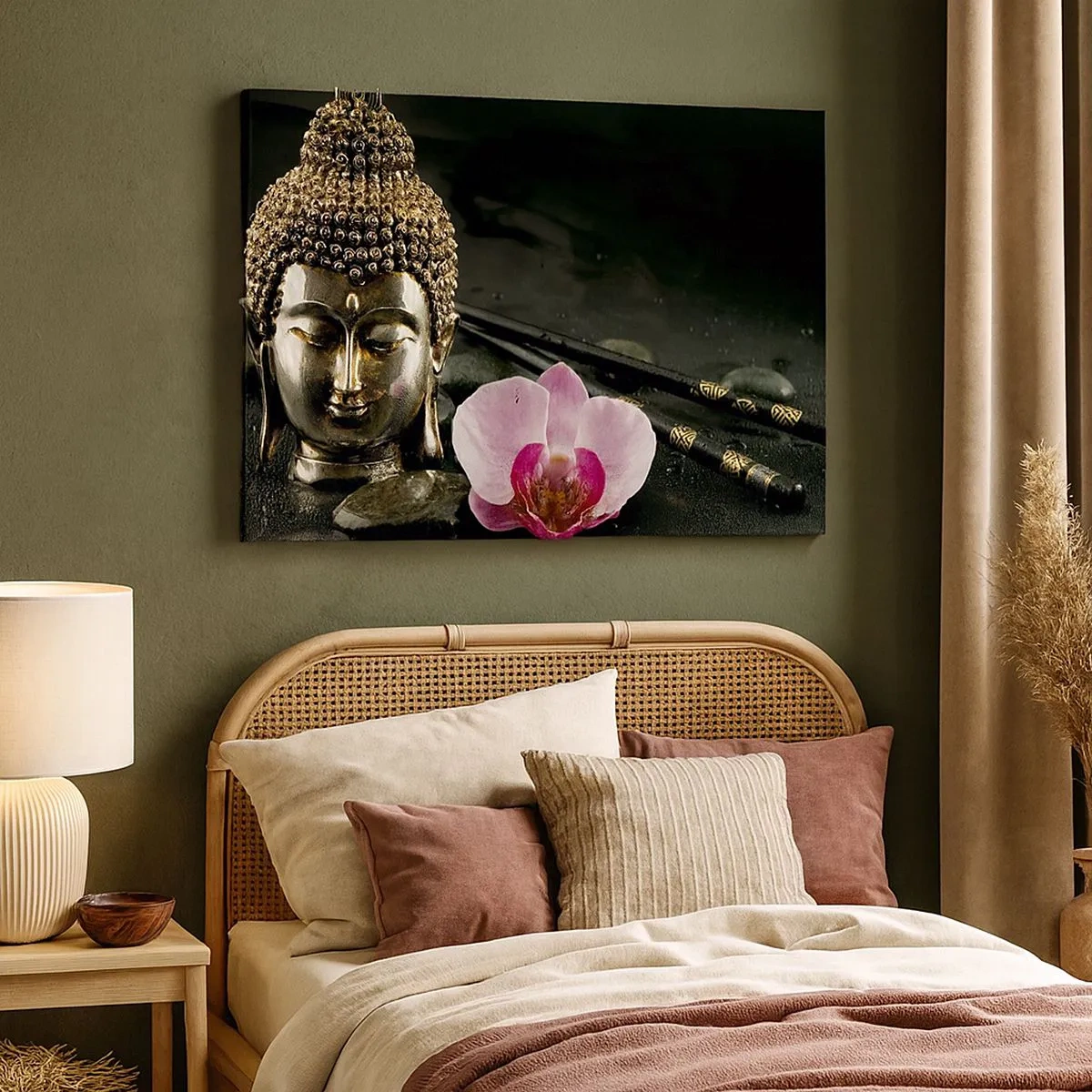 Impression sur toile - Image sur toile - Une statuette de Bouddha avec une orchidée et des baguettes sur un fond de pierres - 70x50cm - Harmonie de la sagesse et de la beauté - Décoration murale moderne pour le salon et la chambre ARTTOR