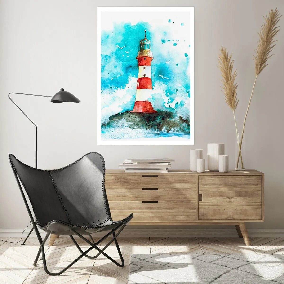 Affiche - Poster - Phare de style aquarelle avec des vagues de la mer - 50x70cm - Unité des éléments - Décoration murale moderne pour le salon et la chambre ARTTOR