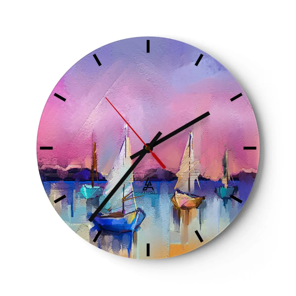 Horloge murale - Pendule murale - Marina abstraite avec voiliers aux couleurs pastel - 30x30cm - Direction: les eaux larges - Décoration murale moderne pour le salon, la cuisine et la chambre ARTTOR