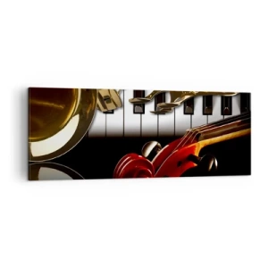 Impression sur toile - Image sur toile - Un saxophone doré, des touches de piano et un violon rouge - 140x50cm - Tôle, bois et ivoire - Décoration murale moderne pour le salon et la chambre ARTTOR