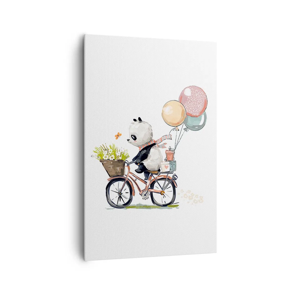 Impression sur toile - Image sur toile - Panda sur un vélo avec des ballons et des fleurs - 80x120cm - Jour de chance - Décoration murale moderne pour le salon et la chambre ARTTOR