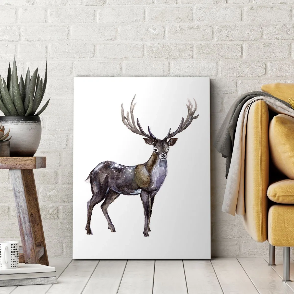 Impression sur toile - Image sur toile - Illustration à l'aquarelle d'un cerf aux bois majestueux - 70x100cm - Roi de la forêt du nord - Décoration murale moderne pour le salon et la chambre ARTTOR