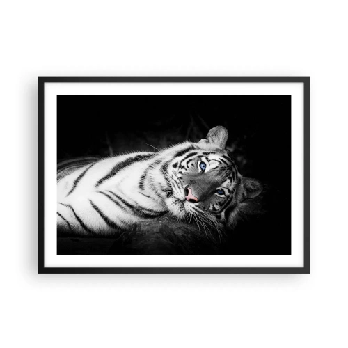 Affiche dans un cadre noir - Poster - Un tigre blanc rendu artistiquement sur un fond noir - 70x50cm - Sauvagerie et paix - Décoration murale moderne pour le salon et la chambre ARTTOR
