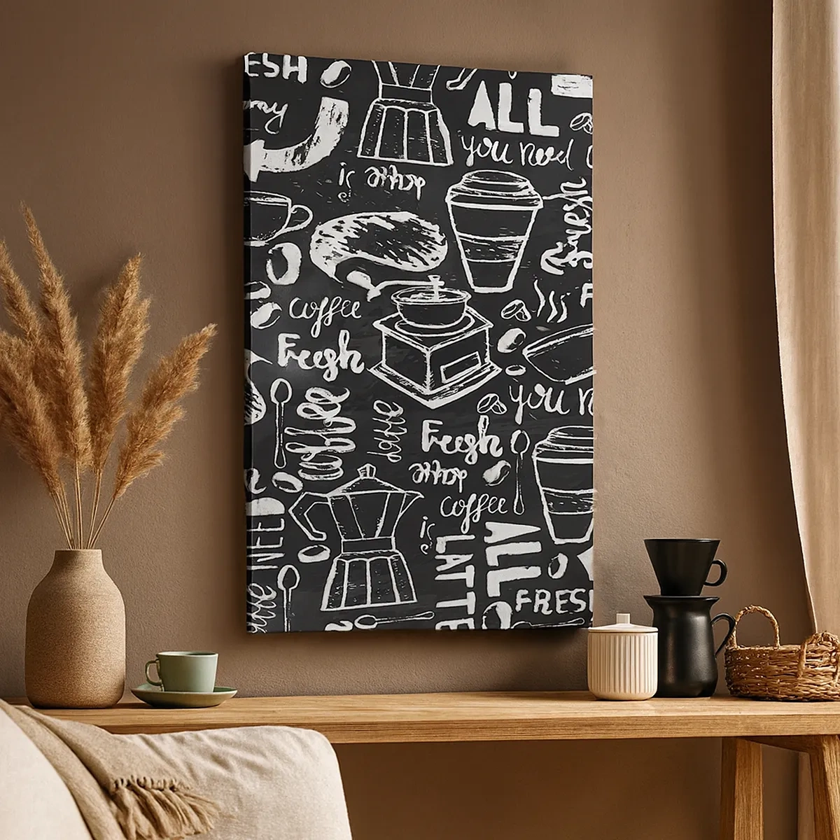 Impression sur toile - Image sur toile - Graphiques de café élégants sur fond noir - 50x70cm - Tout ce dont tu as besoin c'est… - Décoration murale moderne pour le salon et la chambre ARTTOR