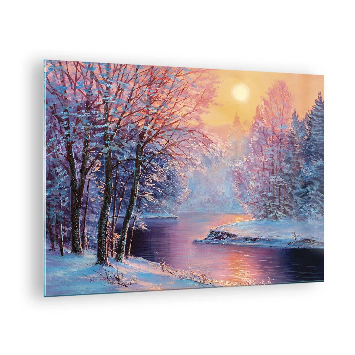 Impression sur verre - Image sur verre - Paysage d'hiver avec une rivière et un coucher de soleil - 70x50cm - Couleurs d'hiver - Décoration murale moderne pour le salon et la chambre ARTTOR