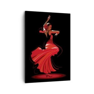 Impression sur toile - Image sur toile - Danseuse de flamenco en robe rouge sur fond noir - 50x70cm - L'esprit fougueux du flamenco - Décoration murale moderne pour le salon et la chambre ARTTOR