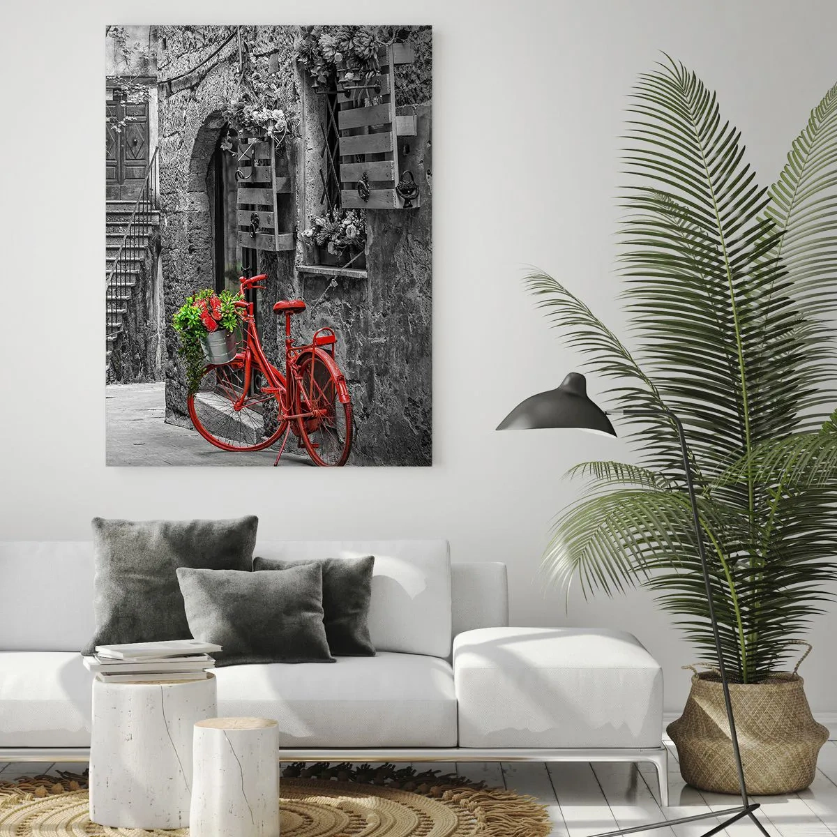 Impression sur verre - Image sur verre - Rue en noir et blanc avec un vélo rouge - 50x70cm - Ruelle toscane - Décoration murale moderne pour le salon et la chambre ARTTOR
