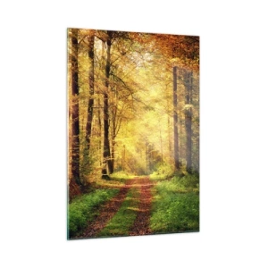 Impression sur verre - Image sur verre - Chemin d'automne dans la forêt avec les rayons du soleil - 50x70cm - Silence d'or en forêt - Décoration murale moderne pour le salon et la chambre ARTTOR