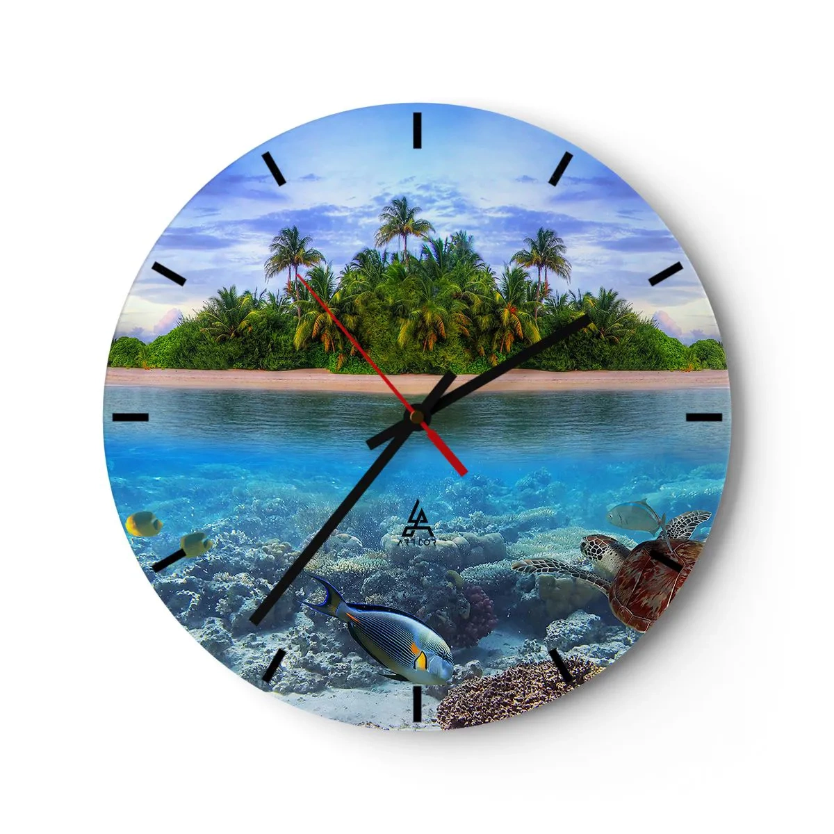 Horloge murale - Pendule murale - Une île exotique avec des palmiers et un monde sous-marin - 30x30cm - L'île céleste vous invite - Décoration murale moderne pour le salon, la cuisine et la chambre ARTTOR