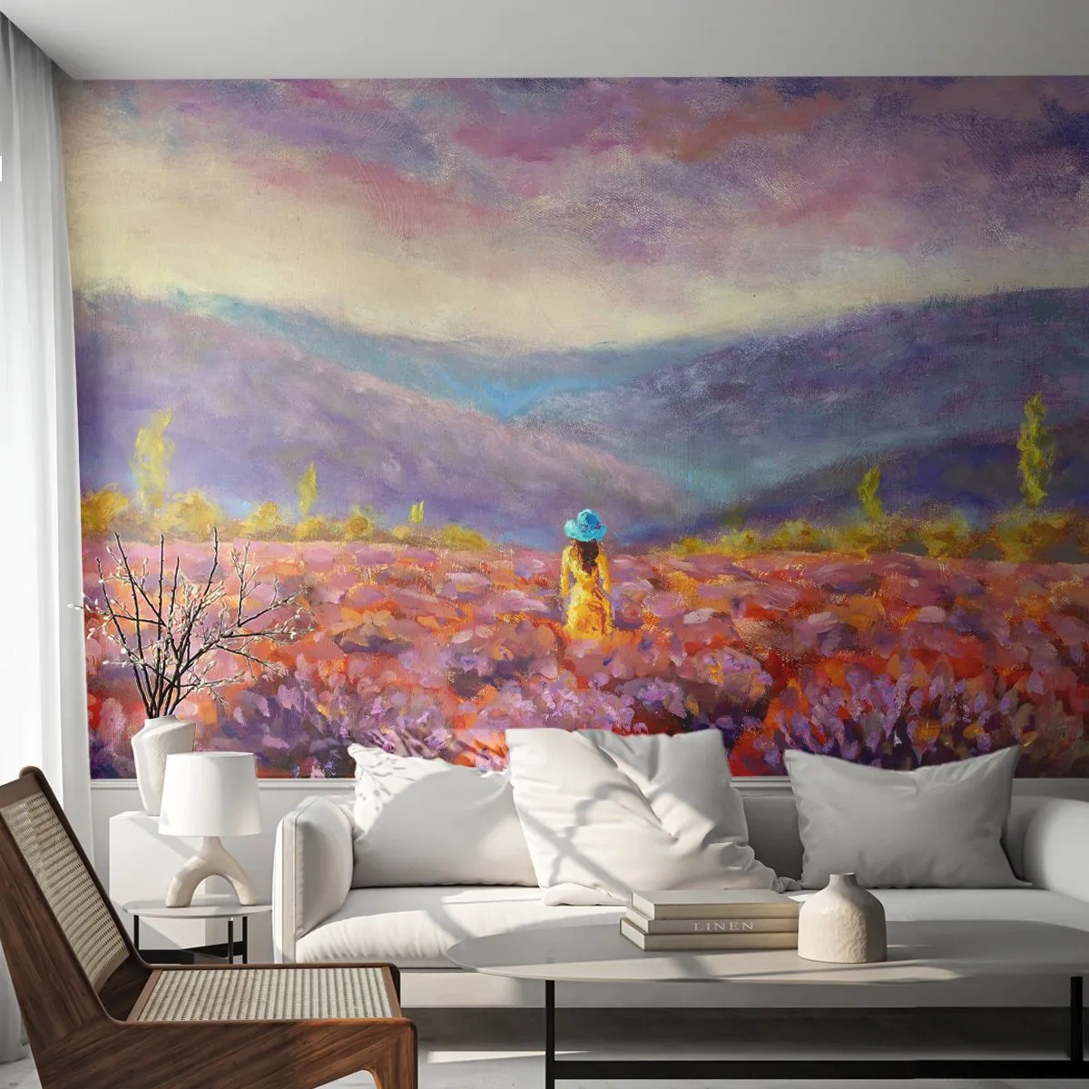 Papier Peint Autocollant Deluxe Sticker - Dans un monde lavande - Paysage, Femme, Champ de lavande - 150x105 cm