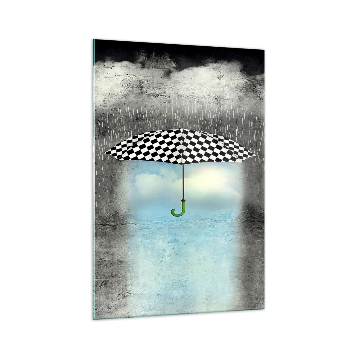 Impression sur verre - Image sur verre - Un parapluie à carreaux sur un paysage pluvieux - 70x100cm - Et pourtant c'est possible - Décoration murale moderne pour le salon et la chambre ARTTOR