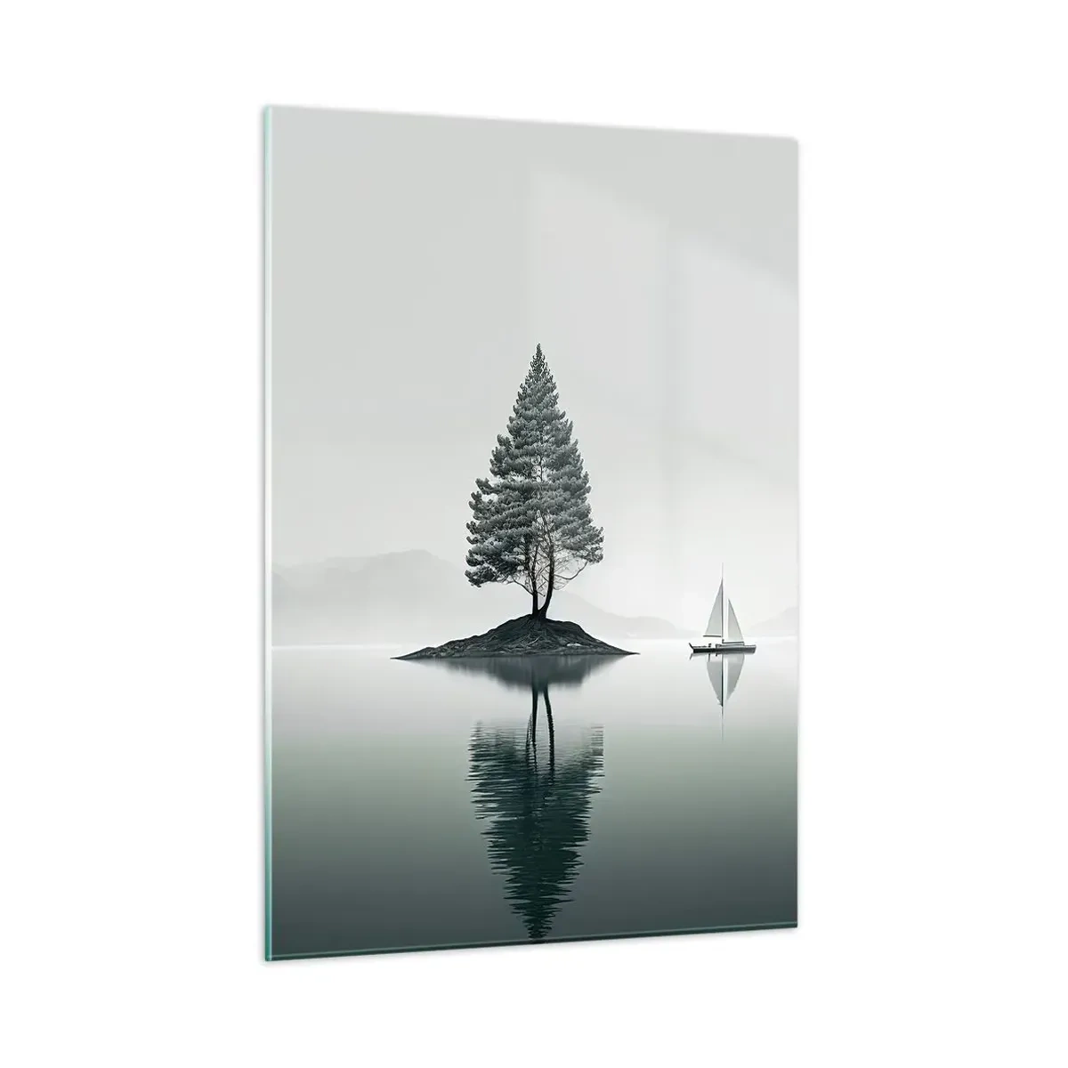 Impression sur verre - Image sur verre - Un arbre solitaire sur une île et un voilier sur un lac calme - 50x70cm - Un rêve somnolent - Décoration murale moderne pour le salon et la chambre ARTTOR