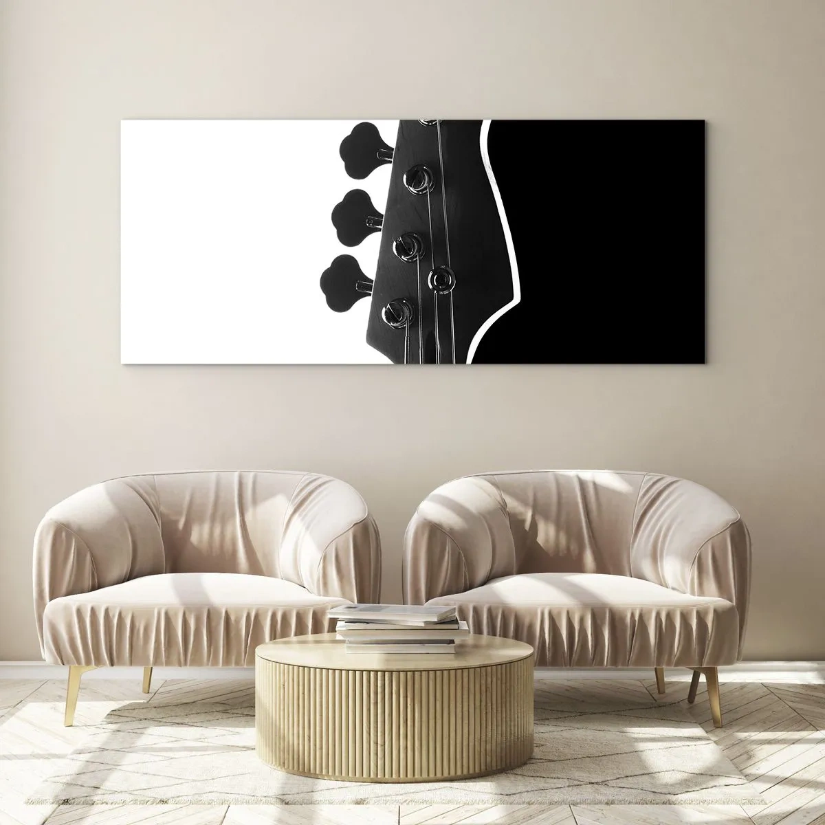 Impression sur verre - Image sur verre - Silhouette noire et blanche d'une tête de guitare basse - 140x50cm - Silence de roche - Décoration murale moderne pour le salon et la chambre ARTTOR