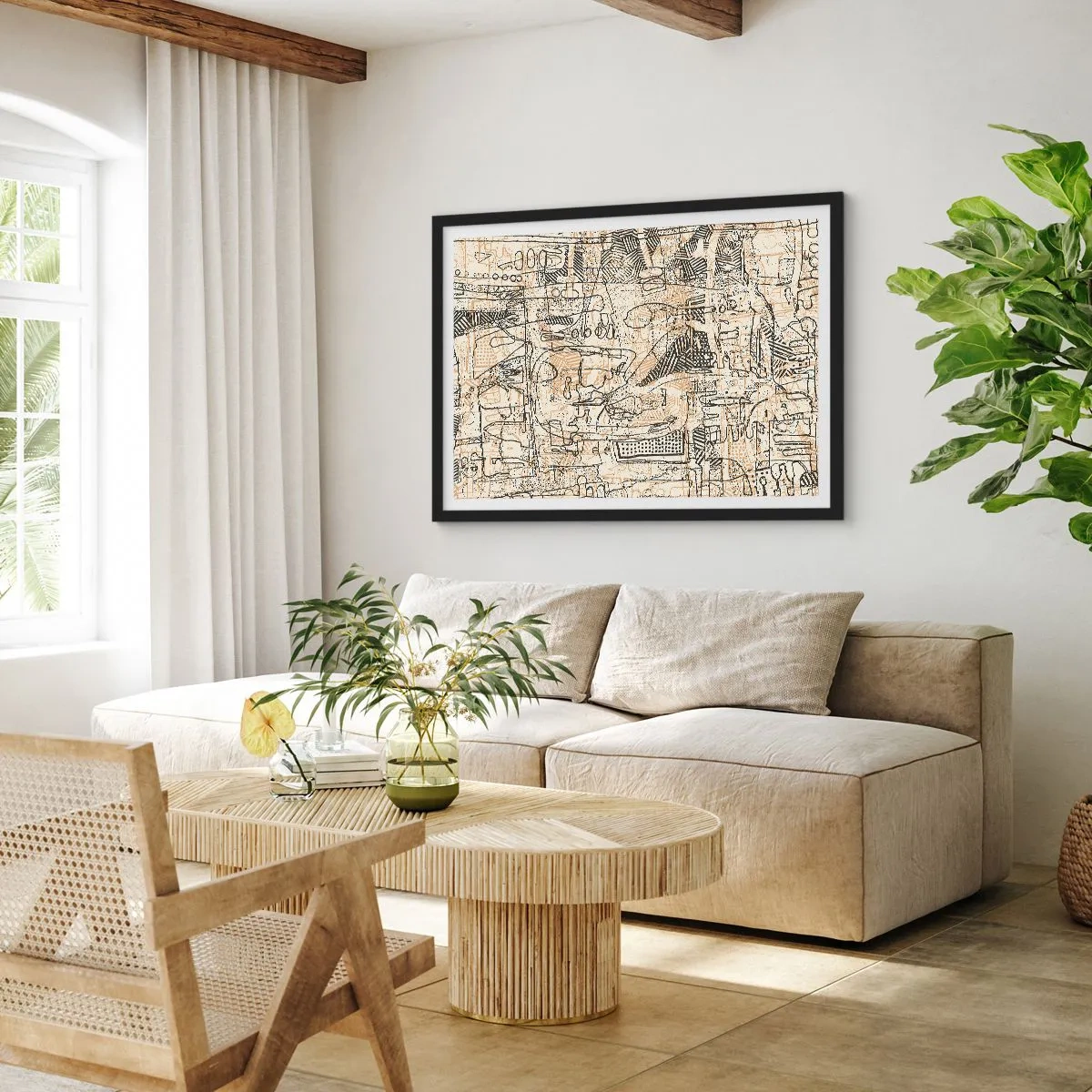 Affiche dans un cadre noir - Poster - Motifs abstraits et lignes sur fond beige - 70x50cm - Il attend d'être décodé - Décoration murale moderne pour le salon et la chambre ARTTOR