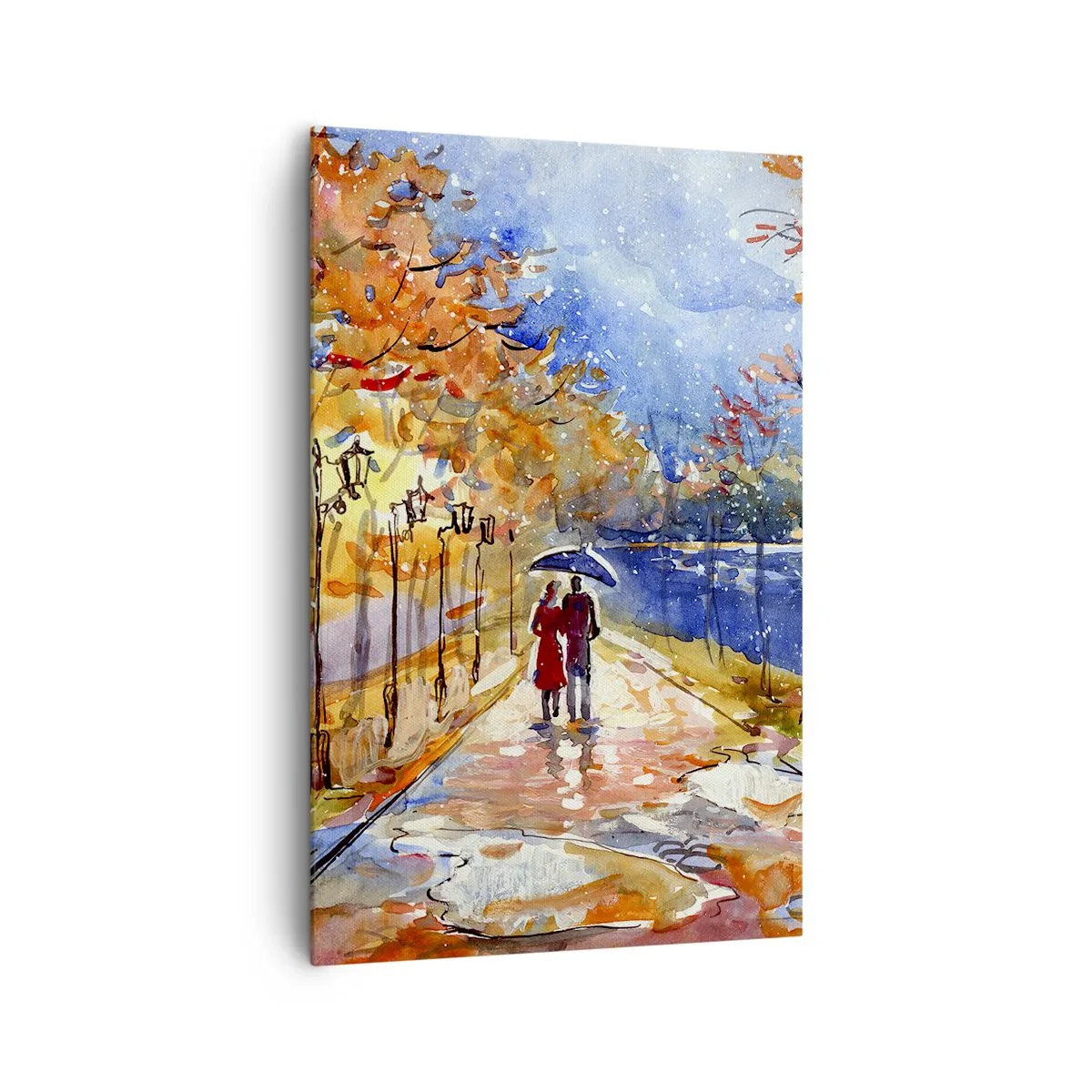 Impression sur toile - Image sur toile - Une promenade d'automne dans le parc au bord de la rivière sous un parasol - 80x120cm - Ensemble jusqu'au bout du temps - Décoration murale moderne pour le salon et la chambre ARTTOR
