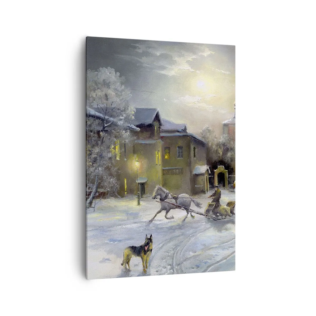Impression sur toile - Image sur toile - Paysage d'hiver dans une ville russe avec un traîneau et une église - 70x100cm - La magie de l'hiver russe - Décoration murale moderne pour le salon et la chambre ARTTOR