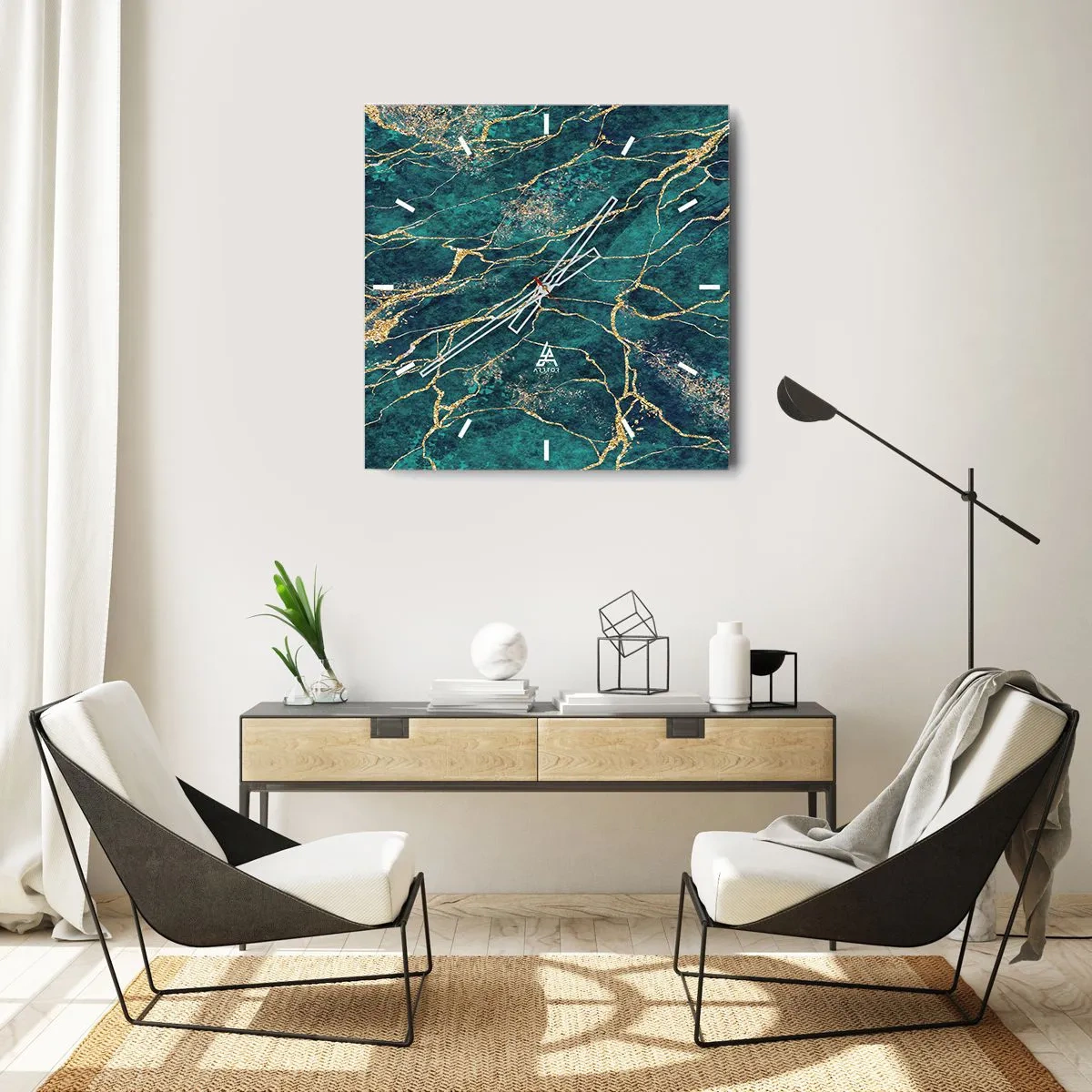 Horloge murale - Pendule murale - Motif de marbre texturé dans des tons turquoise et or - 30x30cm - Mine d'or - Décoration murale moderne pour le salon et la chambre ARTTOR