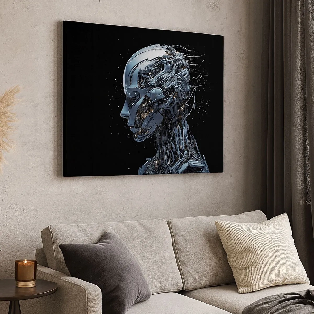 Impression sur toile - Image sur toile - Portrait futuriste d'un cyborg dans un style industriel sur fond noir. - 70x50cm - La technologie est une femme - Décoration murale moderne pour le salon et la chambre ARTTOR
