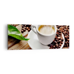 Impression sur toile - Image sur toile - Une tasse de café aromatique sur fond de grains et d'une feuille - 140x50cm - Café sur un banc - Décoration murale moderne pour le salon et la chambre ARTTOR