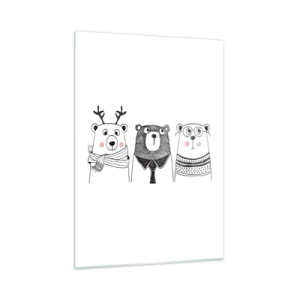 Impression sur verre - Image sur verre - Trois ours drôles dans une illustration en noir et blanc - 50x70cm - Ours en peluche, petit ours en peluche et doudou - Décoration murale moderne pour le salon et la chambre ARTTOR