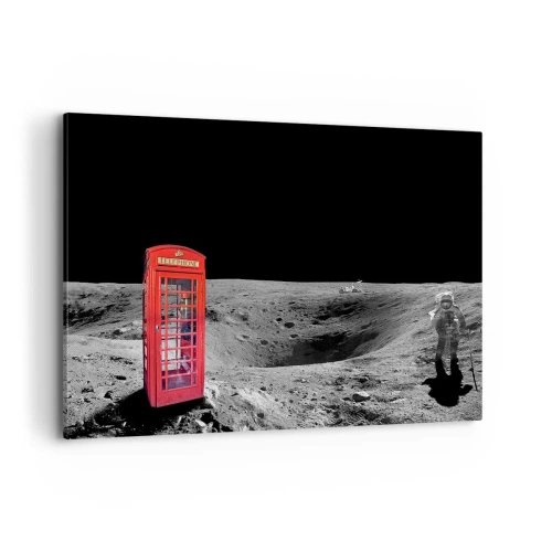 Impression sur toile - Image sur toile - Cabine téléphonique rouge sur la lune - 100x70cm - Une blague cosmique - Décoration murale moderne pour le salon et la chambre ARTTOR