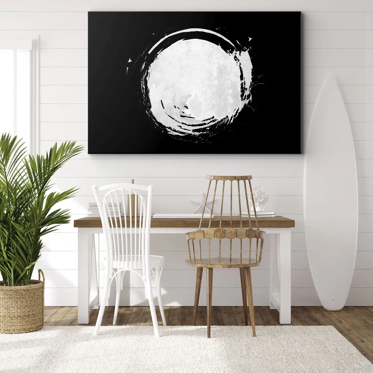 Impression sur toile - Image sur toile - Un cercle blanc sur fond noir dans un style minimaliste. - 70x50cm - Belle sortie - Décoration murale moderne pour le salon et la chambre ARTTOR