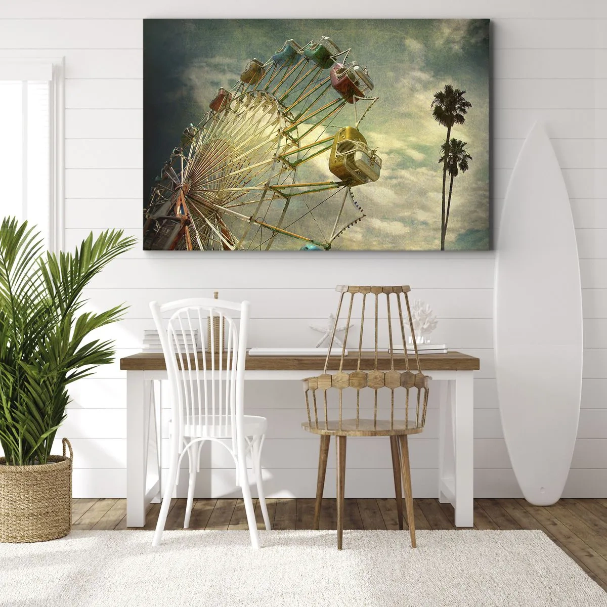 Impression sur toile - Image sur toile - Photo rétro d'une grande roue avec des palmiers contre le ciel - 120x80cm - On va faire la fête - Décoration murale moderne pour le salon et la chambre ARTTOR