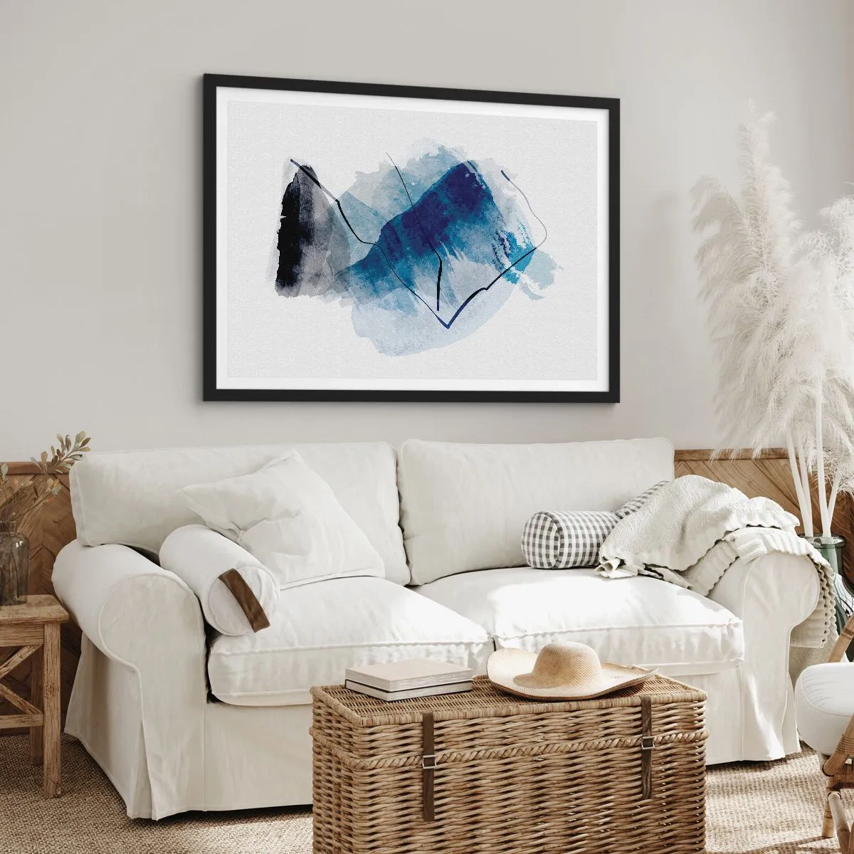 Affiche dans un cadre noir - Poster - Formes abstraites dans des tons de bleu avec des lignes délicates - 70x50cm - Montagne de glace - Décoration murale moderne pour le salon et la chambre ARTTOR
