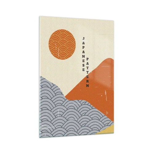 Impression sur verre - Image sur verre - Motifs japonais avec montagnes, soleil et style minimaliste - 70x100cm - Dans l'esprit japonais - Décoration murale moderne pour le salon et la chambre ARTTOR