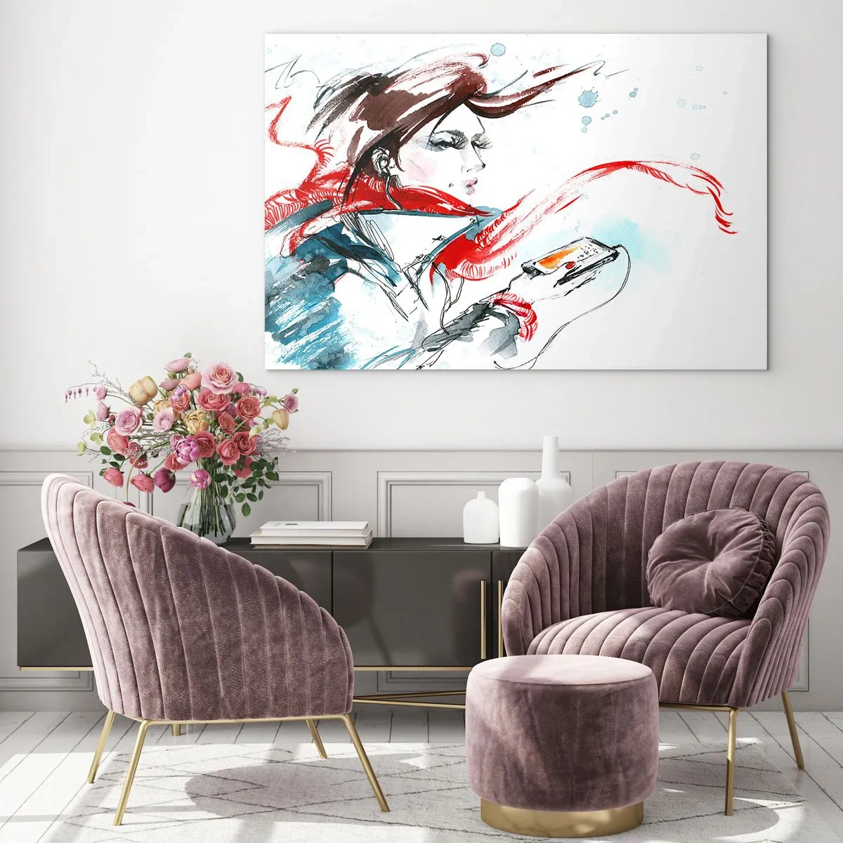 Impression sur verre - Image sur verre - Une femme portant un foulard rouge avec des détails dynamiques et esquissés. - 100x70cm - Quelque chose se passe en moi - Décoration murale moderne pour le salon et la chambre ARTTOR